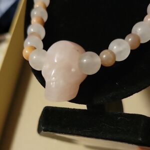 White Moonstone & Glorious Sunstone Beaded Necklace w/ Rose Quart Skull Pendant